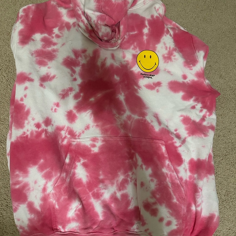 Pink and White Tie-Dye Hoodie with Smiley Face